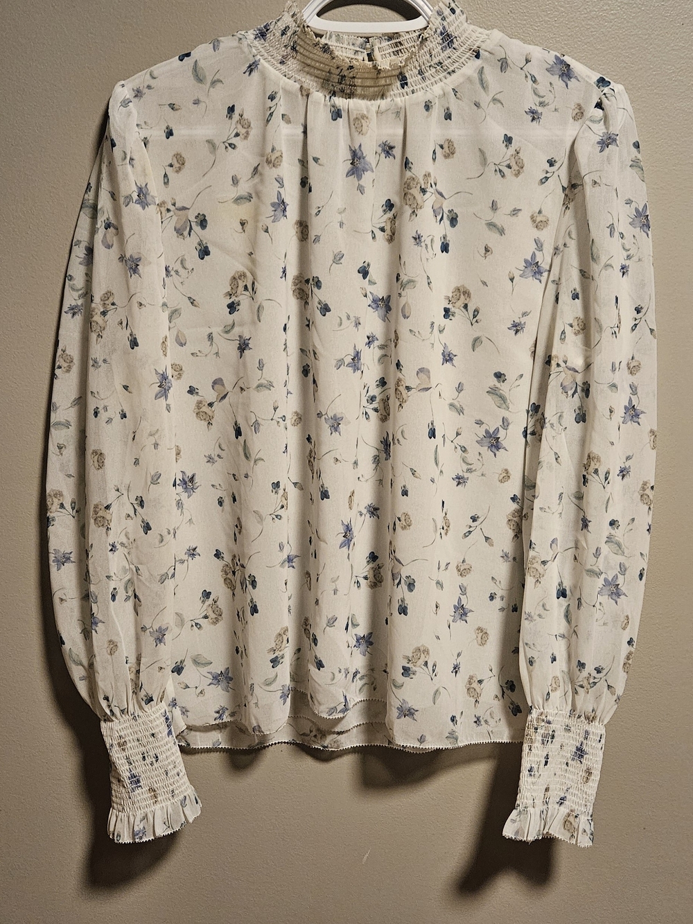 Wilfred Cream Floral Smocked-Neck Blouse with Blue & Tan Accents